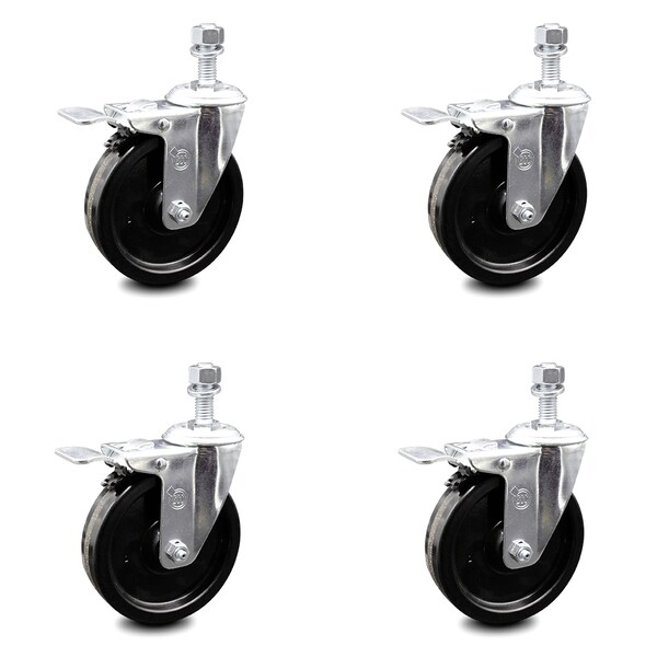 5 Inch Phenolic Swivel 12mm Threaded Stem Caster Set with Total Lock Brake